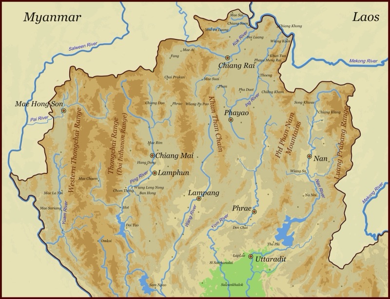 A topographic map of upper northern Thailand showing mountain ranges, rivers and the towns of Chiang Rai, Phayao, Nan, Mae Hong Son, Chiang Mai, Lamphun, Lampang and Phrae, with Myanmar and Laos at the borders
