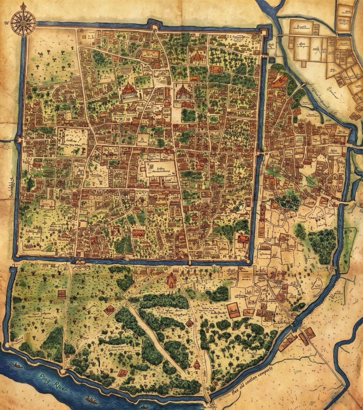 Old-style drawing of a map of Chiang Mai, recreated with AI from an 1893 map, showing the square inner city, the outer earthen wall and the Ping river