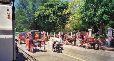 Several horse carriages waiting for passengers by a street in Lampang