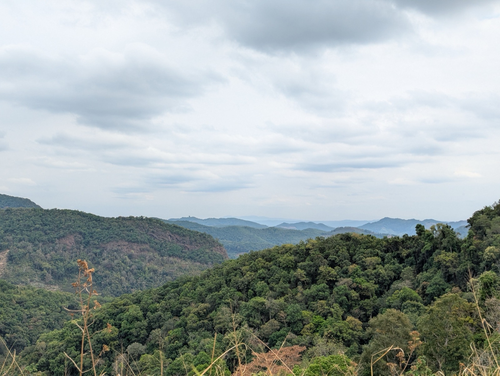 Layer upon layer of dark green forested mountain ridges fading to blue in the distance, under a cloudy sky
