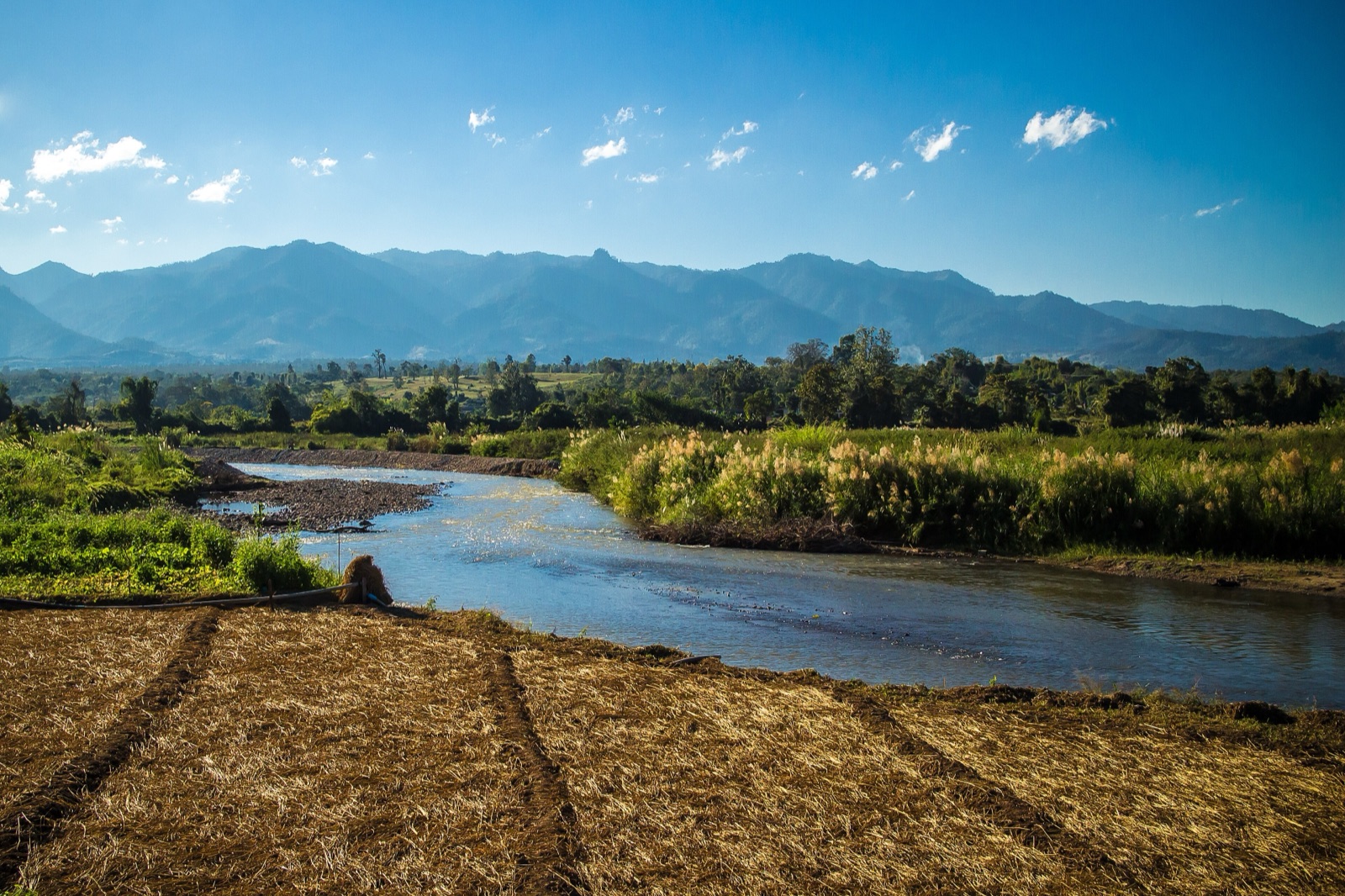 The Pai River winding across a plain, with blue mountain ridges in the distance under a blue sky with thin clouds