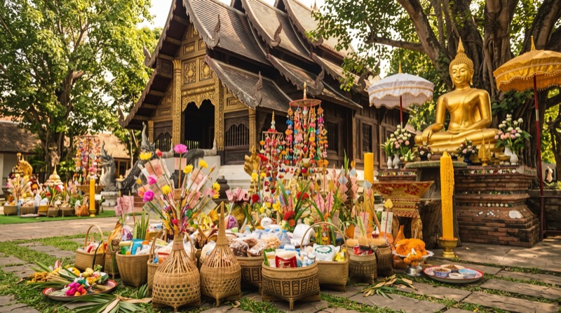 An illustration of salak baskets lined up before a wooden Lanna vihara, with money trees, parasols, flowers, candles and daily goods