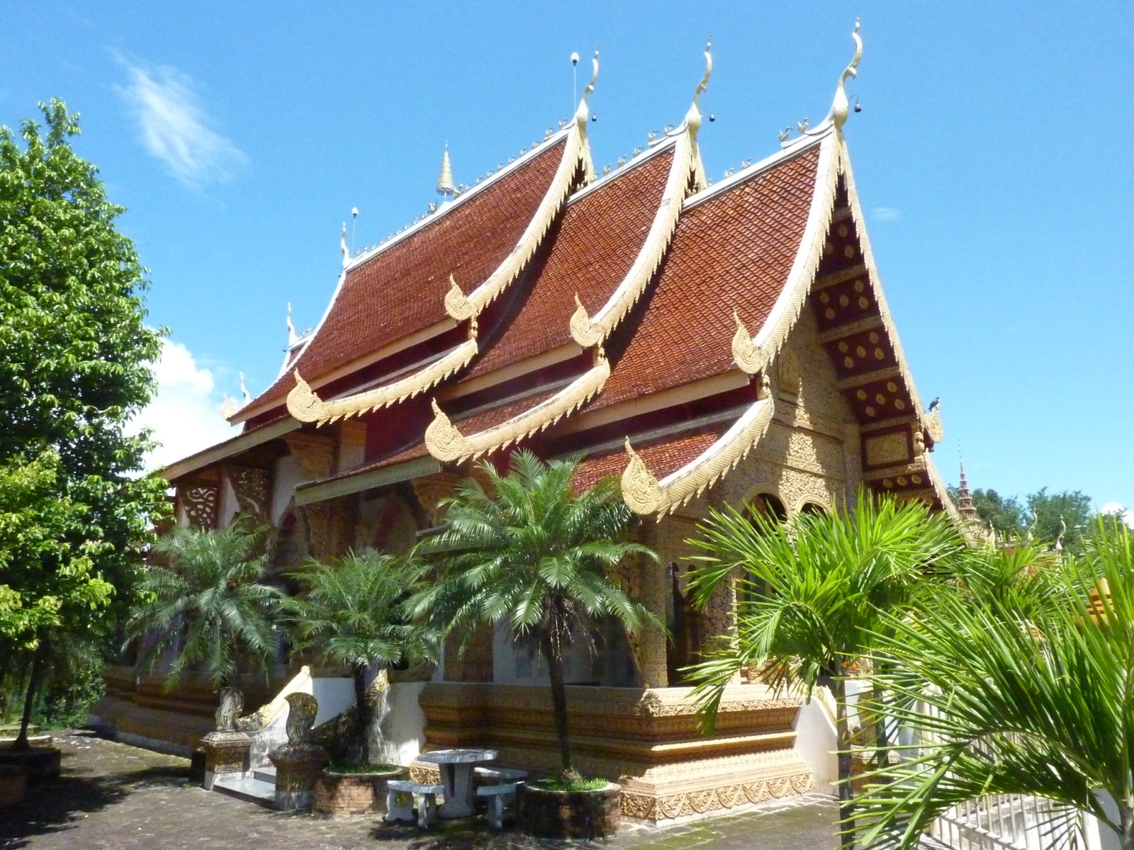 วิหารล้านนาหลังคาซ้อนชั้นสีแดงประดับช่อฟ้าสีทอง ล้อมด้วยต้นปาล์ม ที่วัดพระพุทธบาทตากผ้า