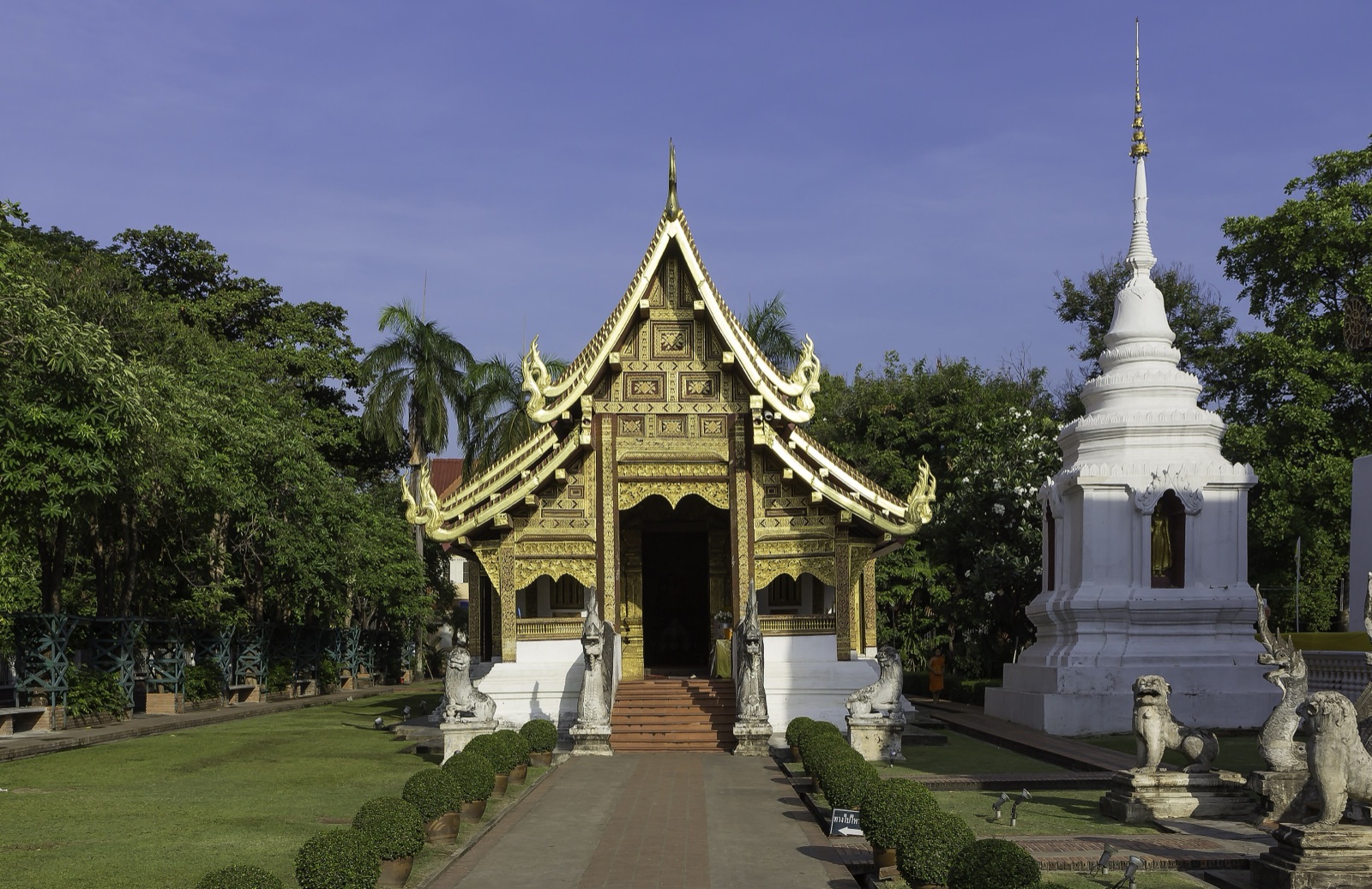 วิหารลายคำ วัดพระสิงห์ เชียงใหม่ หน้าบันประดับลวดลายสีทองบนพื้นฟ้าสีคราม