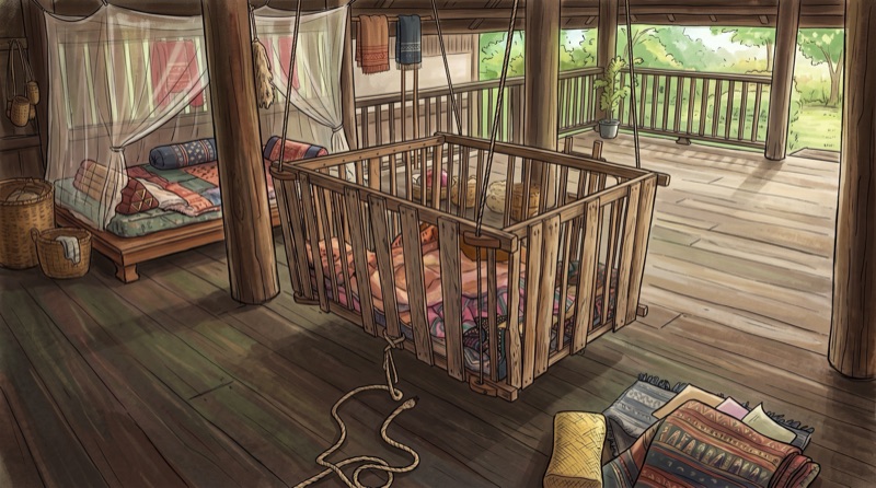 A drawing of a wooden slatted cradle hung by ropes from a beam in a wooden house, with a bed and mosquito net beside it