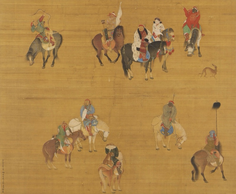 A Yuan-dynasty painting on silk: a party of Mongol hunters on horseback in an open, pale brown landscape, some carrying bows and hunting birds