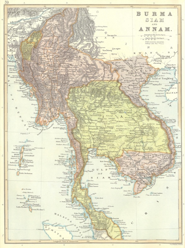 An old pastel map of Burma, Siam and Annam, with Burma in pink on the left and Siam in yellow in the middle, towns and rivers named in English