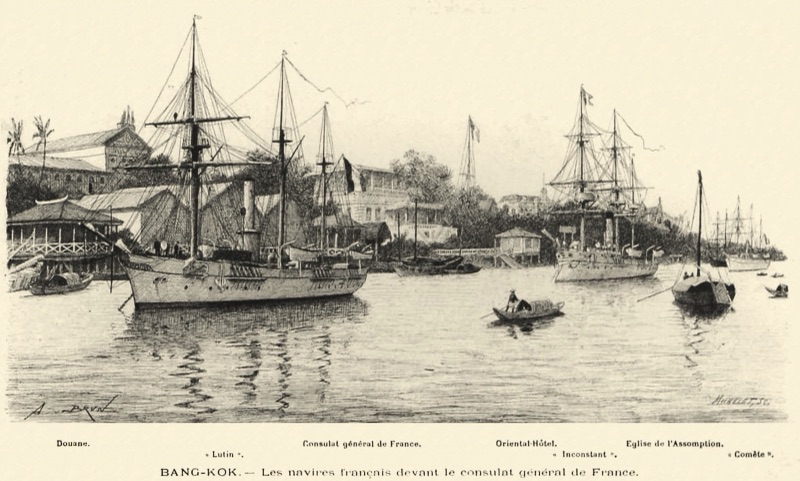 A black-and-white engraving of tall-masted warships and steamships anchored on the Chao Phraya in front of riverside buildings, with a small rowing boat in front