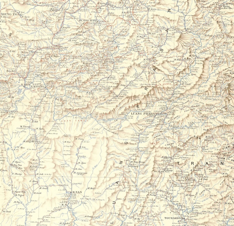 An old pale-brown map with hill shading, blue rivers and French place names such as Xieng Khong, Muong Sing, Luang Prabang and M. Nan