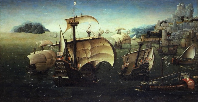ภาพวาดสีน้ำมันกองเรือคาร์รักของโปรตุเกสหลายลำแล่นใบเต็มลมในทะเลมีคลื่น ใกล้ชายฝั่งหินสูงชัน