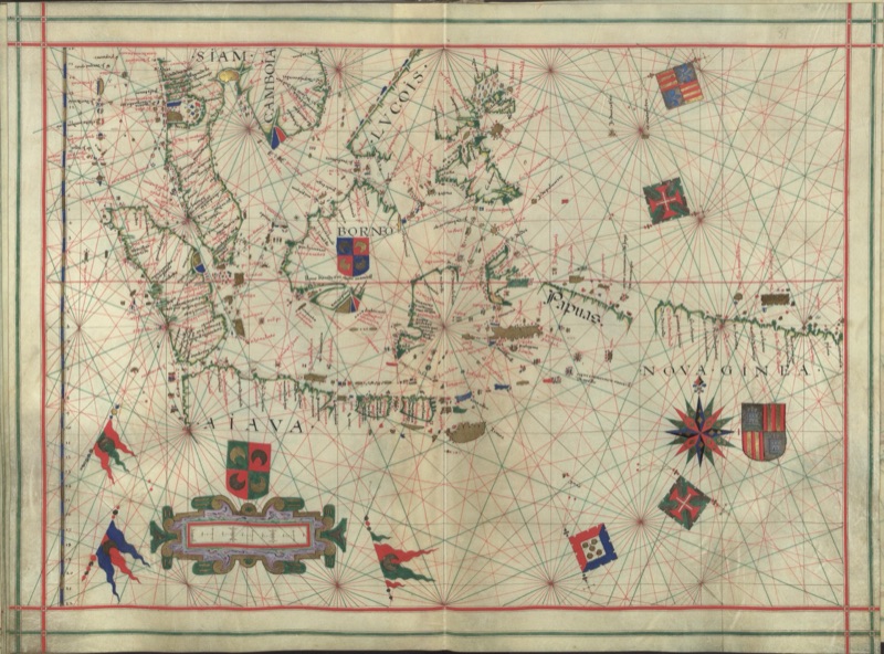 A hand-drawn Portuguese sea chart of 1576 showing the peninsulas and islands of Southeast Asia, with wind lines and several flags