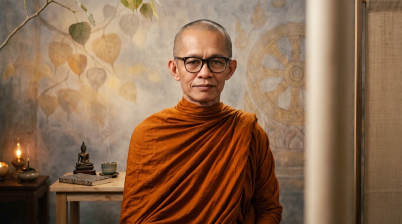 ภาพประกอบพระอุบาลีคุณูปมาจารย์ในจีวรสีกรัก สวมแว่นตา นั่งหน้าผนังลายใบโพธิ์และธรรมจักร