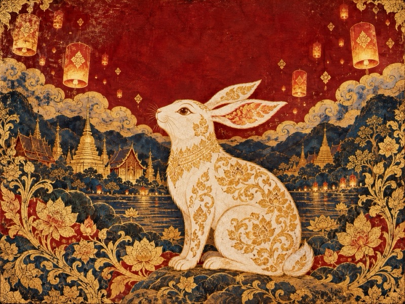 Lanna-style gold-leaf painting of a white rabbit with kanok patterns gazing at a red sky of floating lanterns, temples and mountains behind