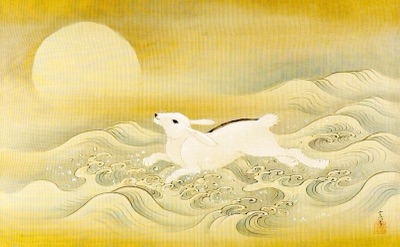 Japanese painting of a white rabbit running over waves under a full moon