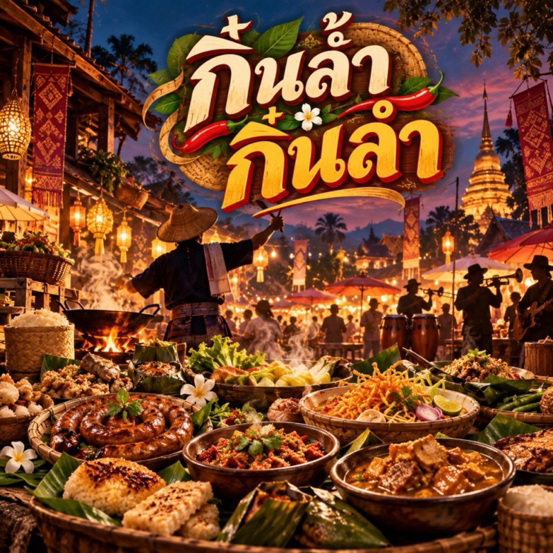 ปกเพลงกิ๋นล้ำกิ๋นลำ ตัวอักษรชื่อเพลงเหนือสำรับอาหารเหนือ มีไส้อั่ว ข้าวซอย และแกงฮังเล ในบรรยากาศงานกลางคืน