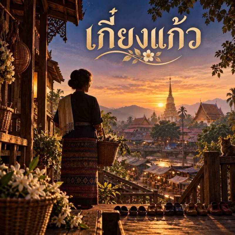 ภาพปกเพลงเกี๋ยงแก้ว หญิงสูงวัยนุ่งซิ่นถือตะกร้าดอกไม้ยืนบนชานเรือนไม้ มองไปยังวัดและกาดยามเย็น