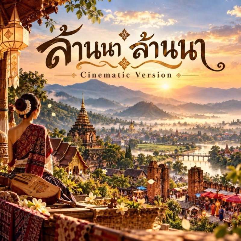 ภาพปกเพลงล้านนา ล้านนา หญิงในชุดล้านนานั่งข้างซึง มองเมืองเก่าริมแม่น้ำ วัด และทิวเขายามเย็น