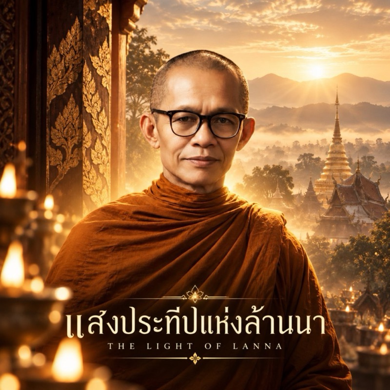 ภาพปกเพลงแสงประทีปแห่งล้านนา พระภิกษุครองจีวรสีกรัก เบื้องหลังเป็นพระธาตุและวิหารล้านนายามเช้า มีประทีปจุดอยู่ด้านหน้า