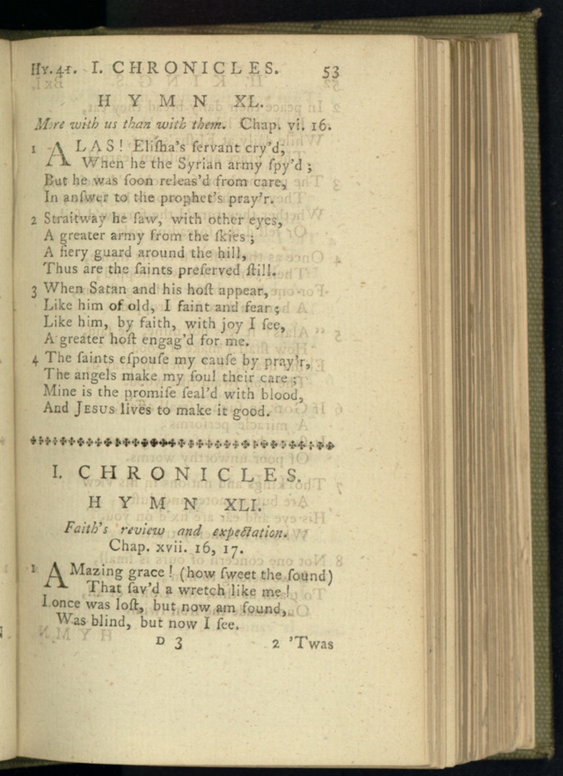 Page 53 of the 1779 Olney Hymns; the lower half holds the first verse of Hymn XLI, beginning Amazing grace