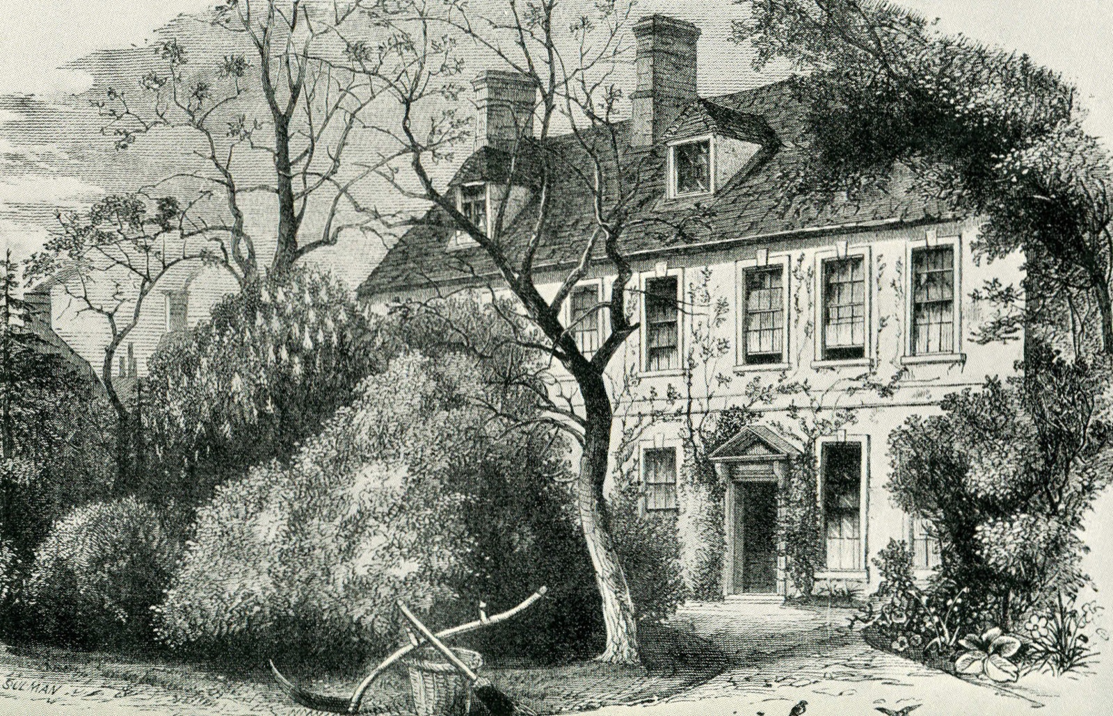 An old line drawing of the vicarage at Olney: a two-storey house with dormer windows, surrounded by trees and shrubs