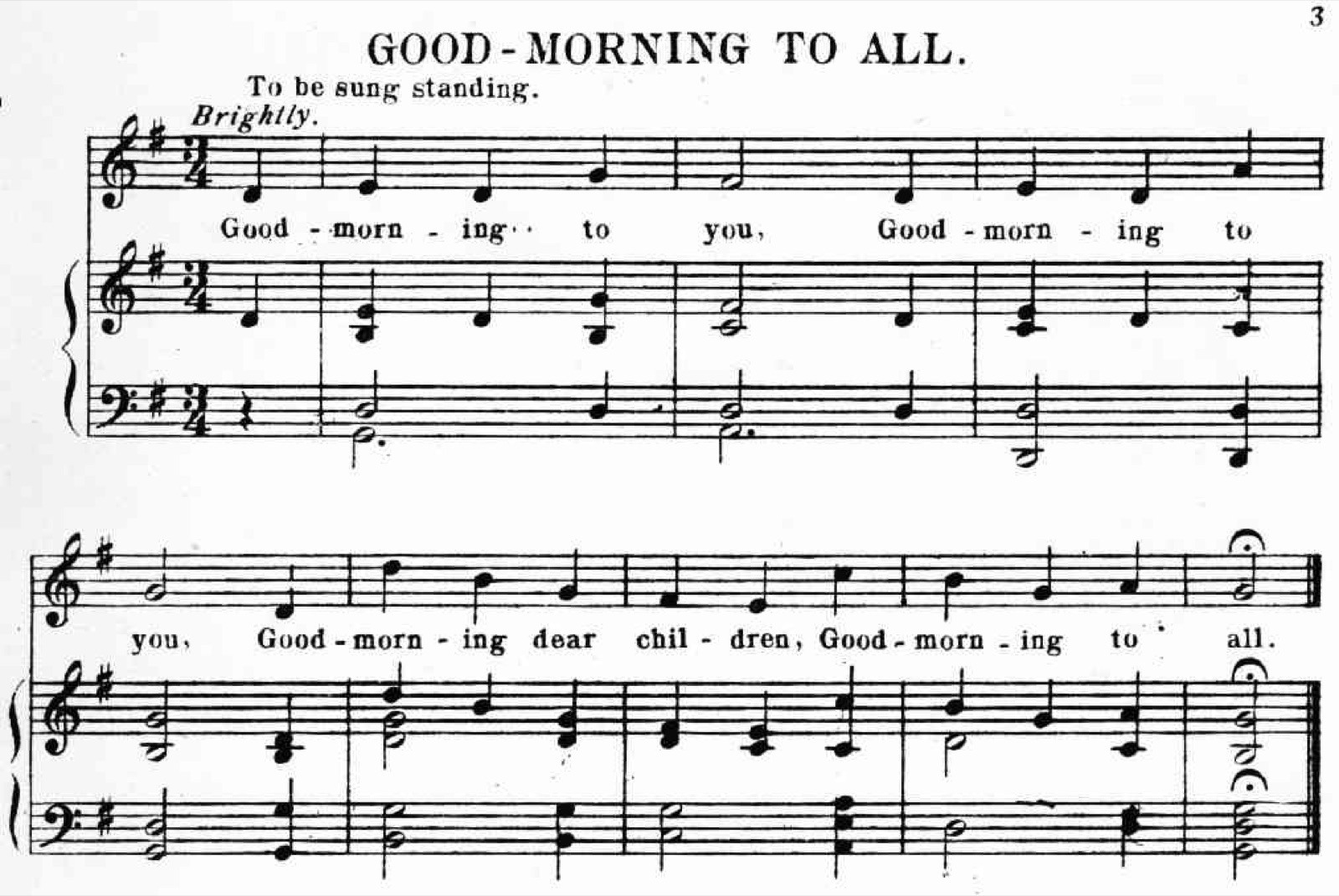 โน้ตเพลง Good-Morning to All ฉบับพิมพ์เก่า มีเนื้อร้อง Good morning to you, Good morning dear children ใต้บรรทัดโน้ต