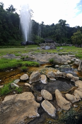 A hot spring shooting a tall jet of water from a grassy field