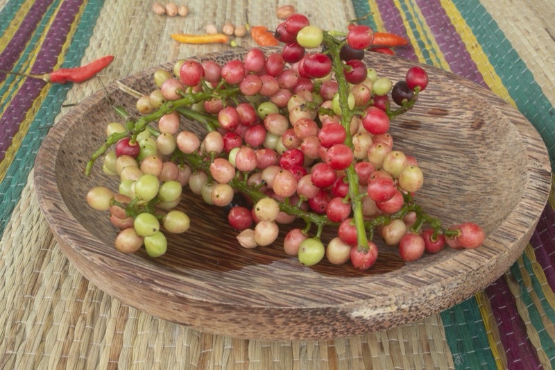 Bunches of mao berries in a wooden tray, green, red and dark purple, on a striped woven cloth