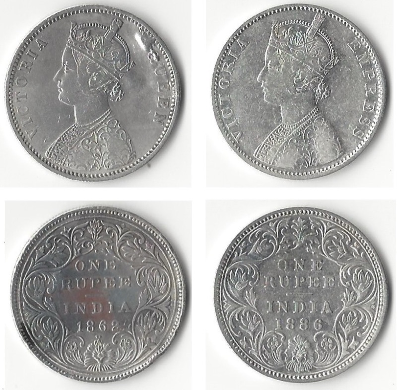 เหรียญเงินหนึ่งรูปีสมัยพระนางเจ้าวิกตอเรีย ปี ค.ศ. 1862 และ 1886 ทั้งด้านหน้าและด้านหลัง
