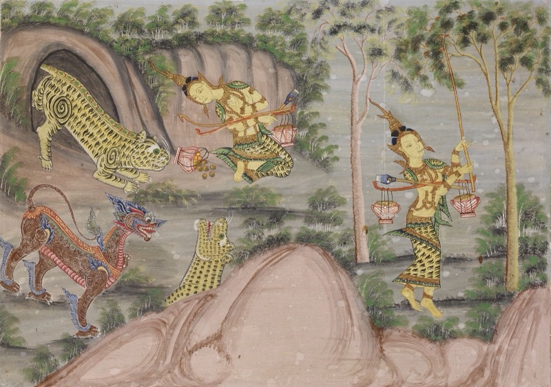 An old Thai painting from the Maddi chapter: a woman in a tall pointed golden crown carries two baskets through a forest, with a tiger, a leopard and a lion-like beast in her way