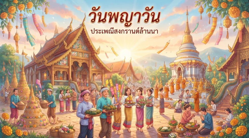 ภาพวาดวันพญาวัน ชาวล้านนาแต่งชุดพื้นเมืองถือตุงและสำรับอาหารไปทำบุญที่วัด มีเจดีย์ทรายประดับตุงและพระสงฆ์รับสรงน้ำ